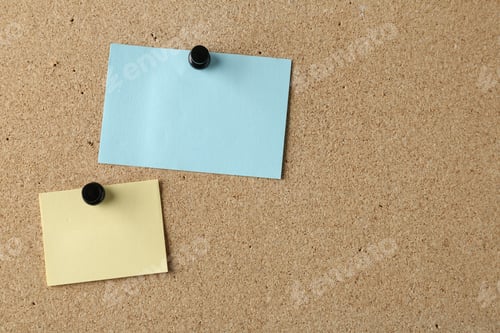 Preview: Blank colorful notes pinned on cork board, space for text