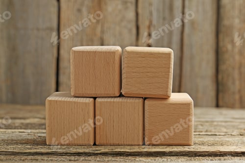 Preview: Many blank cubes on wooden table, closeup