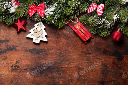 Preview: Christmas card with decor and fir tree branch