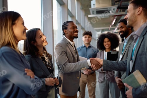 Preview: Happy black CEO shaking hands with a member of his business team in the office.