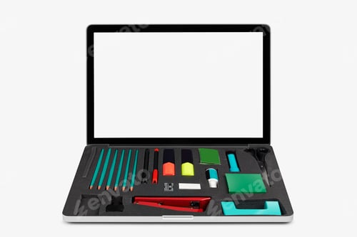 Preview: Laptop isolated on white with office tools