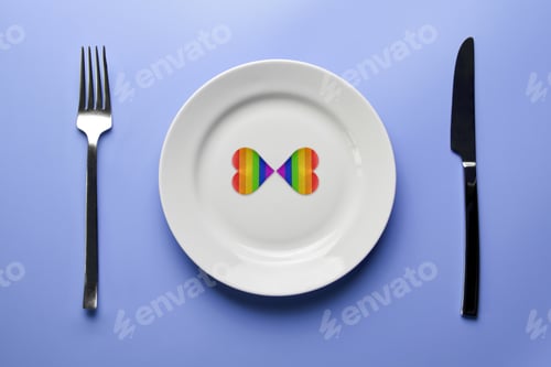 Preview: Two hearts in LGBT flag colors in plate. Romantic gay community dating