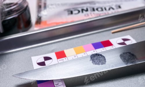 Preview: Police investigation of fingerprint on a knife, concept image