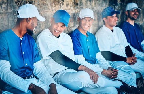 Preview: Baseball, friends and team of men in dugout, happy and watching training, match or game together. D