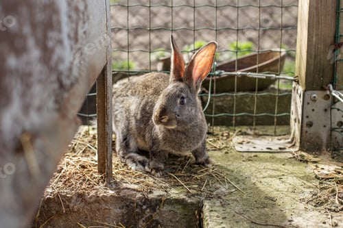 Preview: Gray rabbit resting near enclosure in a sunny garden during afternoon hours