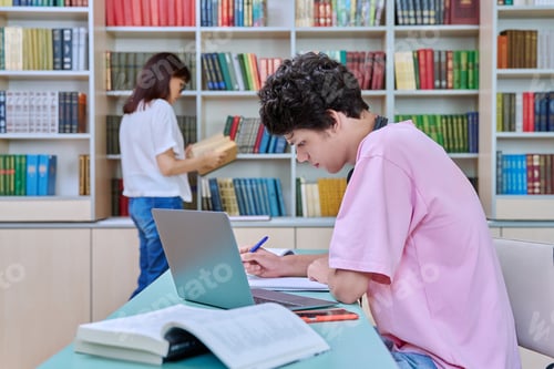 Preview: Young male student sitting with laptop with books in college library