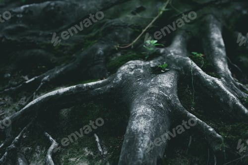 Preview: dramatic close-up shot of tree roots in forest