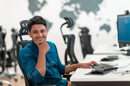 Preview: Casual business man working on desktop computer in modern open plan startup office interior.
