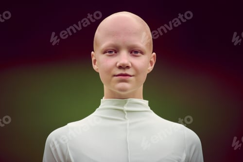 Preview: Portrait of young hairless girl with alopecia in white cloth on green park background