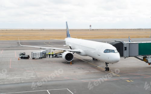 Preview: Passenger aircraft on runway near telescopic ladder. Airport, air transport preparing for flight