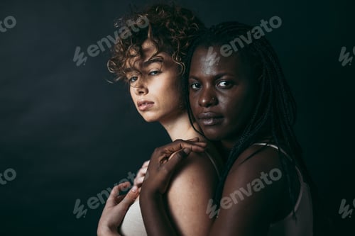 Preview: Two girls from different ethnicities posing in studio for a "body positivity" photo session