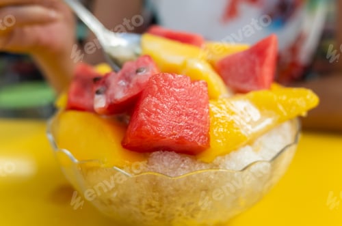 Preview: Fruit Shaved Ice With Watermelon And Mango On A Plate