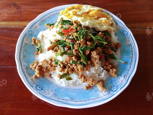 Preview: Thai food pork with basil served with rice and friend egg