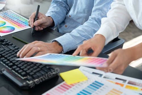 Preview: interior designer or creative graphic designer working on project architectural with colour samples