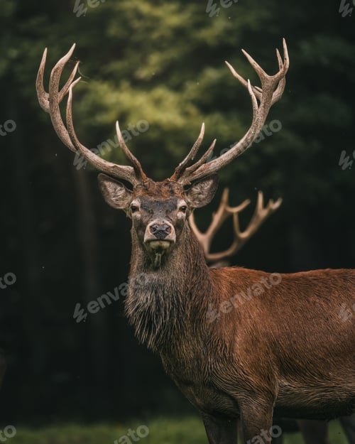 Preview: Vertical shot of a red deer with big horns in the enchanted forest