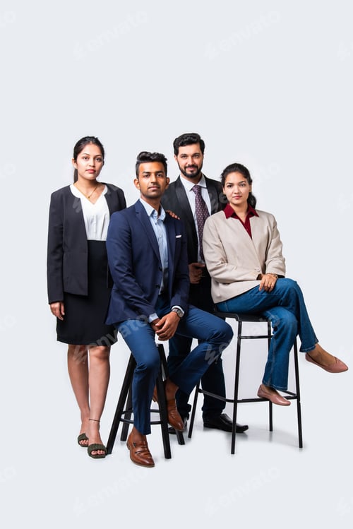Preview: Indian asian young business professionals executive standing in group and looking at camera