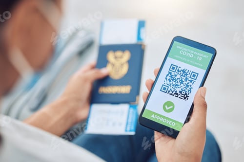 Preview: Covid vaccine passport on a phone for travel, safety or security in global pandemic. Airport, smart