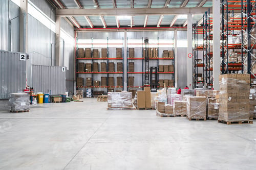 Preview: Cardboard boxes stacked on pallets in distribution warehouse