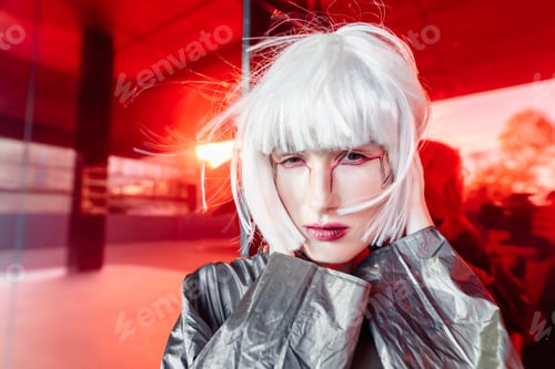 Preview: Fashion of the future. Futuristic blonde in red space.