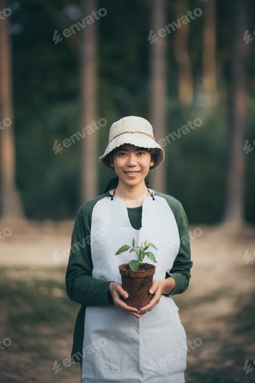 Preview: Image of an Asian woman In the concept of planting trees for the environment