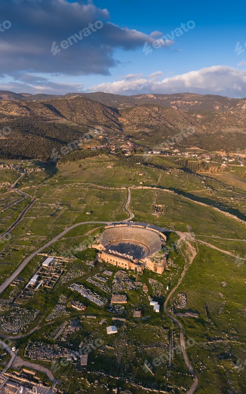 Preview: Aerial View of Hierapolis Ancient City and Pamukkale Travertines in Denizli Turkey