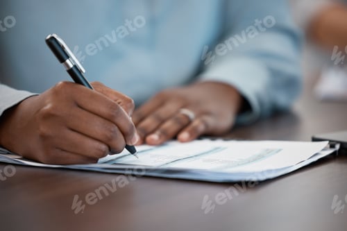 Preview: Hands, documents and contract with a black man signing paperwork at a table or desk in the office.