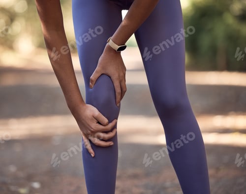 Preview: Knee pain, injury and accident of a woman training for a running marathon, race or competition in n