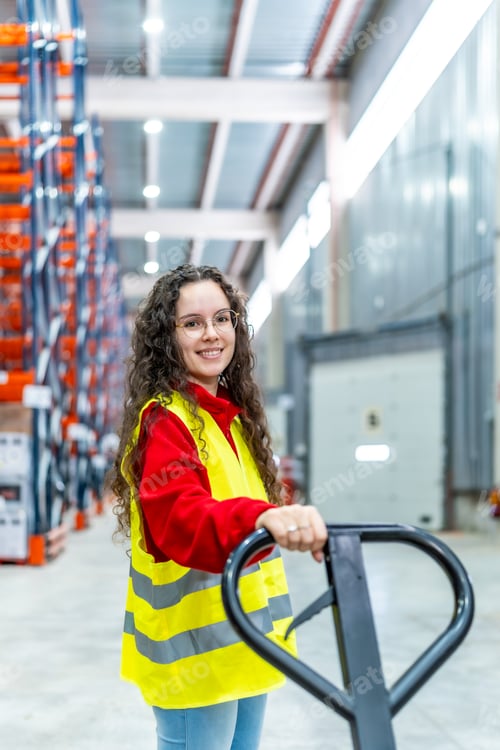 Preview: Woman with low lift forklift in a distribution warehouse