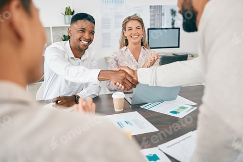 Preview: Handshake, finance and accounting with a diversity couple talking to a financial consultant during