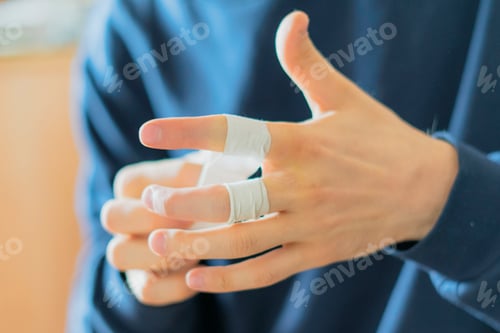 Preview: close up athlete hand wrap tape on the hand finger in locker room on bench f
