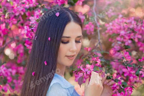 Preview: A beautiful girl with long hair in a pink blooming apple garden