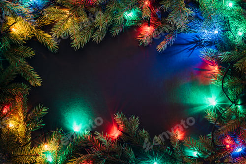 Preview: Christmas lights and fir branches on black background