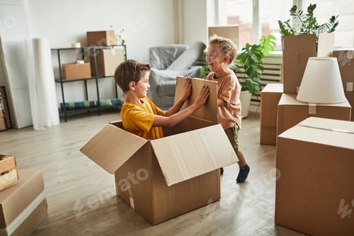 Preview: Boys Playing with Boxes in New Home