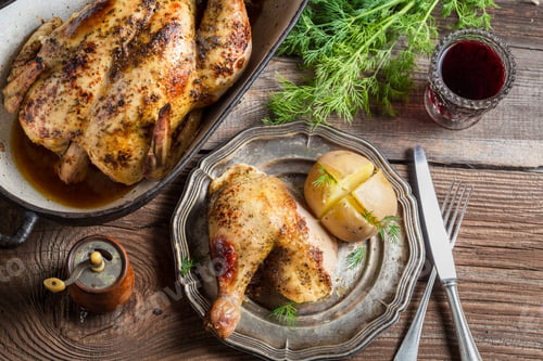 Preview: Roasted chicken and jacket potato served with wine