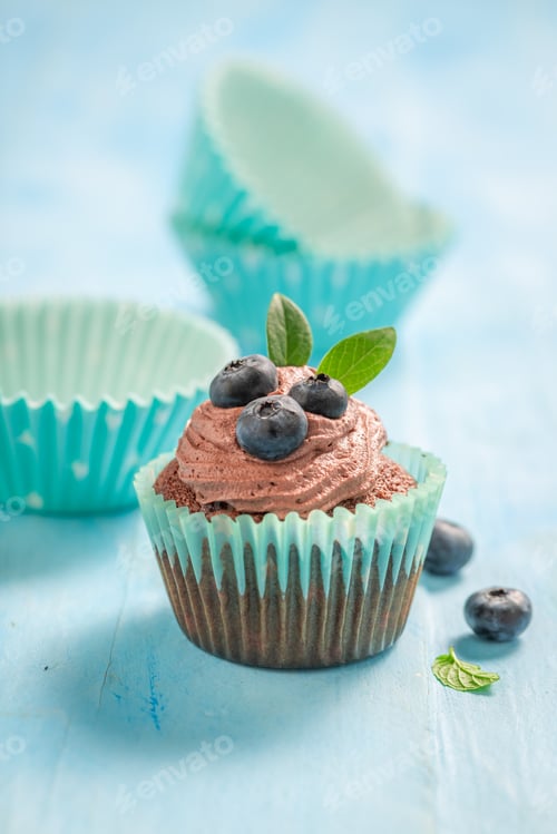 Preview: Delicious Blueberry Cupcake with Chocolate Frosting and Leaves