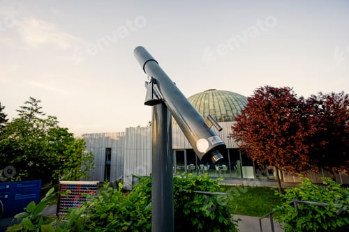 Preview: Outdoor steel telescope at observatory in park.