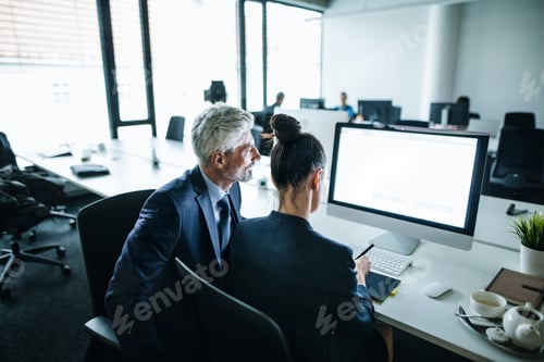 Preview: Two businesspeople with computer sitting in an office at desk. Copy space.
