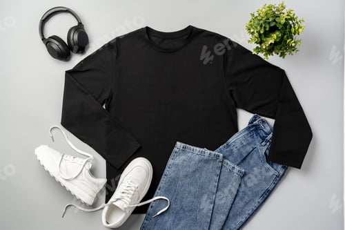 Preview: T-shirt, jeans and white sneakers on gray background top view