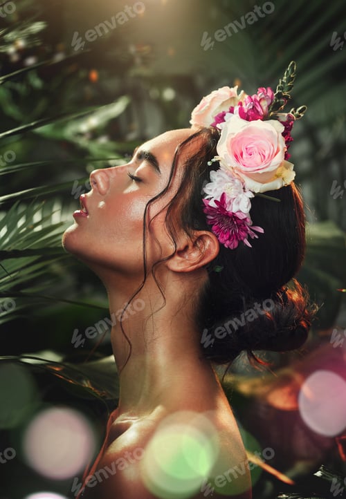 Preview: Rainforest, skincare and beauty girl with flower accessory crown for tropical cosmetic with bokeh p