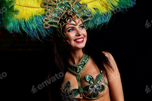 Preview: Brazilian woman posing in samba costume over black background