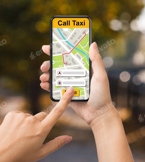 Preview: Lady holding smartphone with taxi app interface
