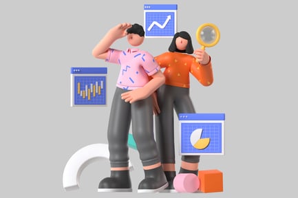 Preview: A couple of people standing on a platform with colorful shapes and graphs.