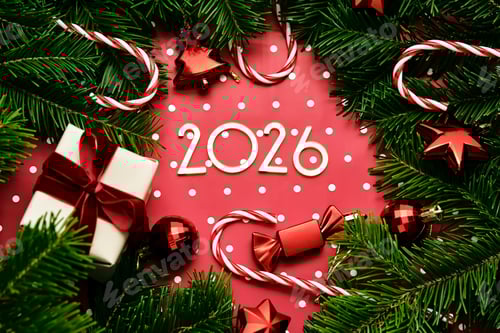 Visualização: Fundo vermelho de Ano Novo de 2026. Número do próximo ano na decoração de Natal.