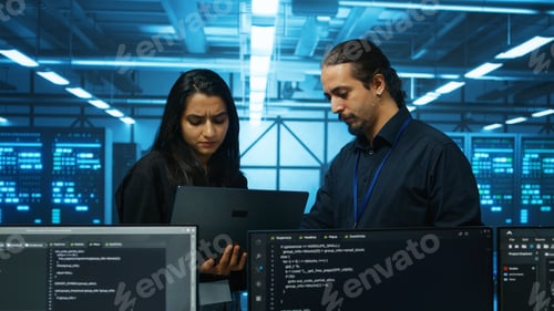 Preview: Coworkers examining equipment in data center, ensuring system security