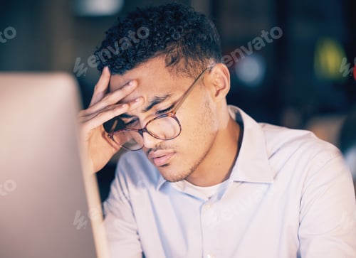 Preview: Tired business man, headache and night stress, depressed or burnout, thinking and working on office