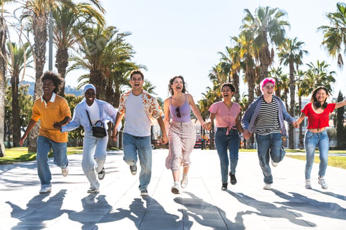 Preview: Multiethnic group of young happy friends hanging out