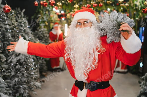 Preview: Santa claus costume holding fir branch at christmas event