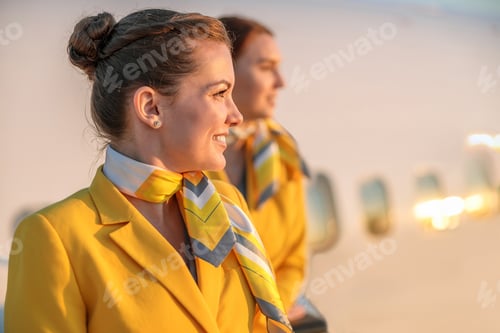 Preview: Cheerful flight attendants standing outdoors at airport