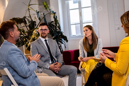 Preview: Group of business people having a meeting while sitting in circle in office.