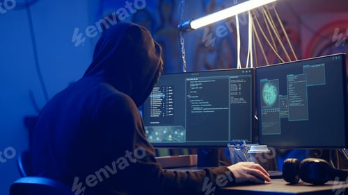 Preview: Hooded hacker creating pirating crack for software and video game releases